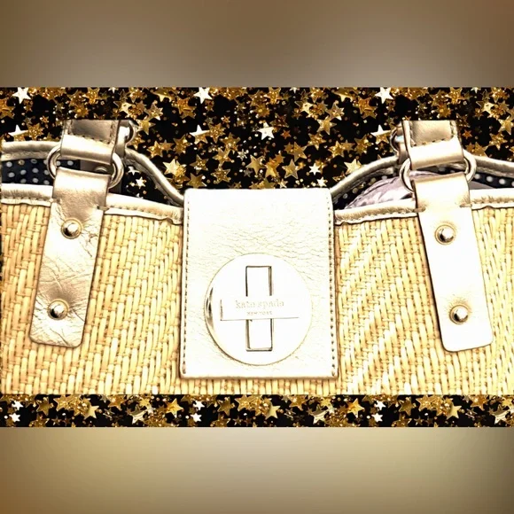 Kate Spade Gold Leather Turn Lock Straw Bag Nice Preowned Cond Very Good Size - Picture 14 of 14